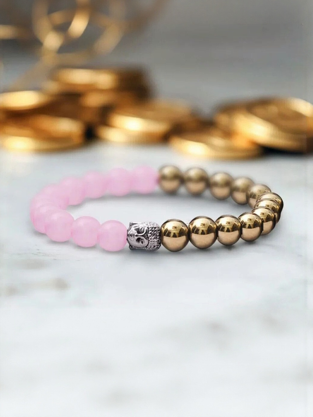 Sukhad Unisex Rose Quartz  Golden Pyrite Beads Agate Crystal Elasticated Bracelet