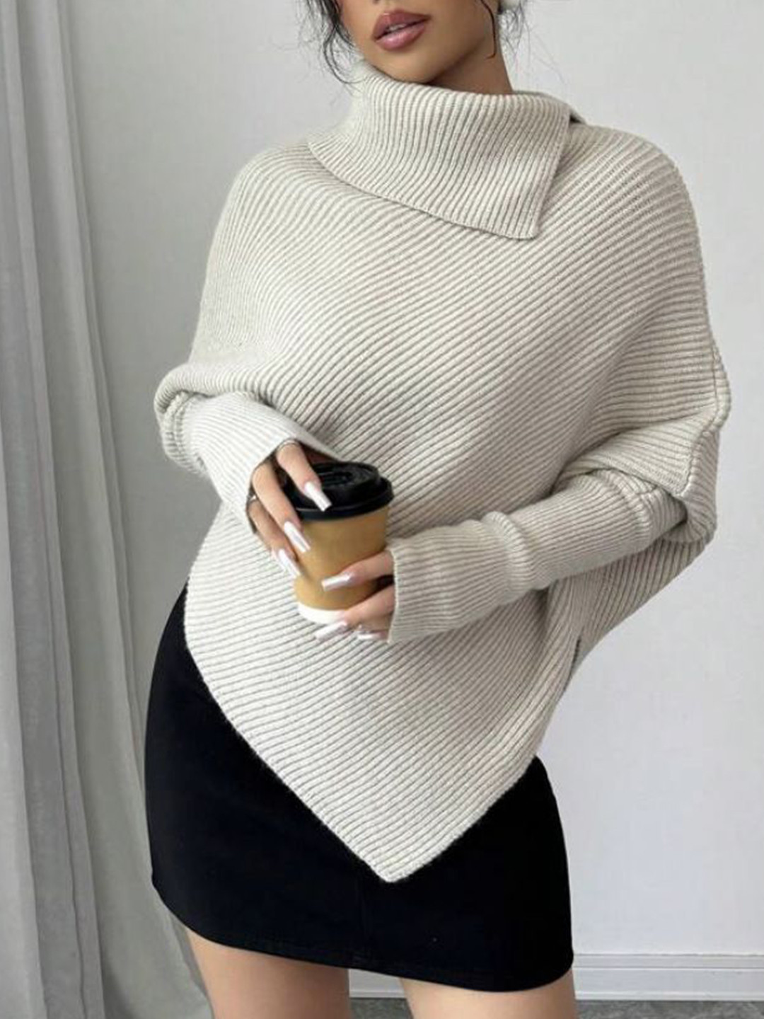 StyleCast Women Ribbed Cowl Neck Asymmetrical Hem Pullover Sweater