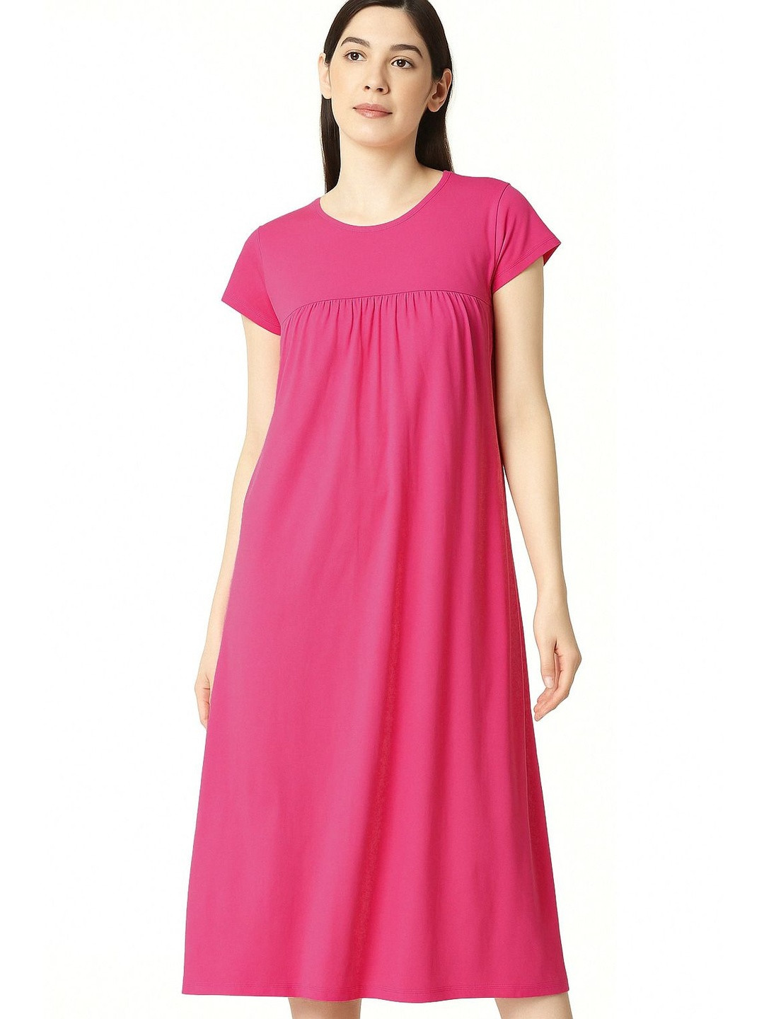 zebu Women Pink Round Neck Short Sleeves Polyester Knee Length Nightdress