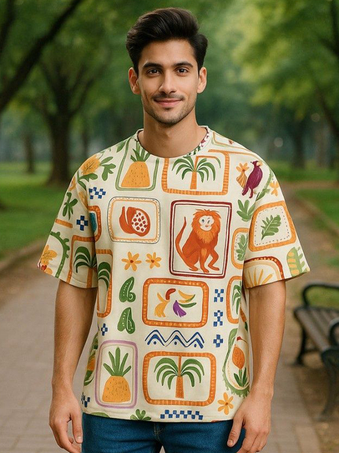 EDI Men Moisture Wicking Conversational Printed Round Neck Oversized T-shirt