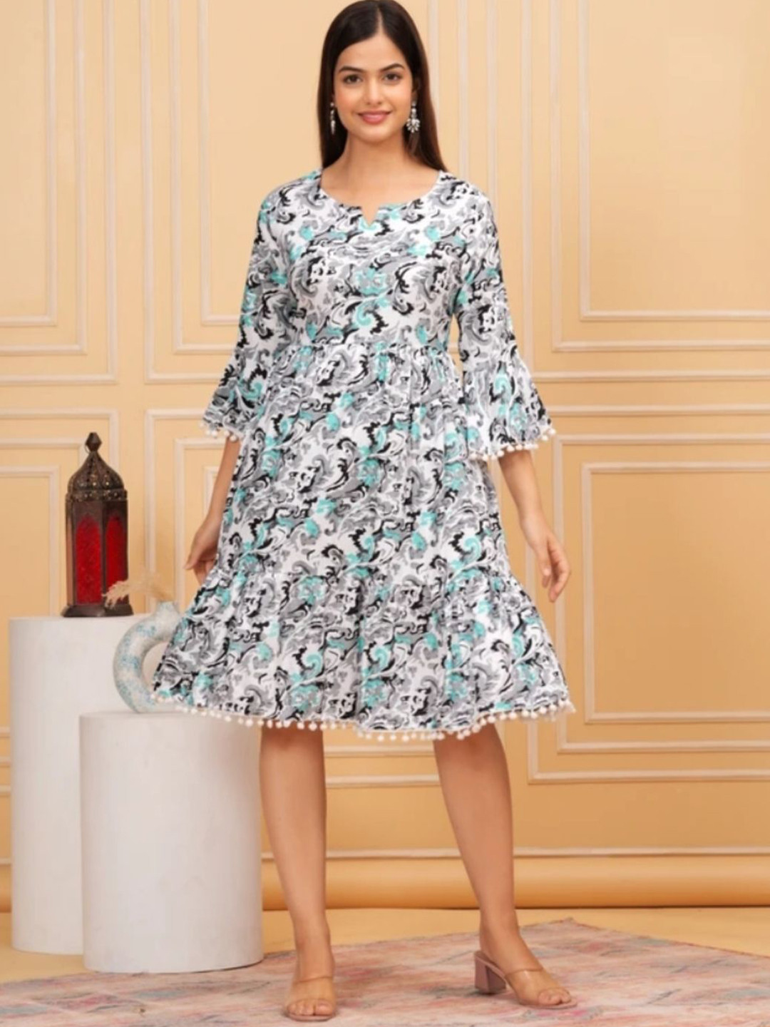 ASFEBRICS Women Print Flared Sleeve with Pom-Pom Detail Fit & Flare Dress