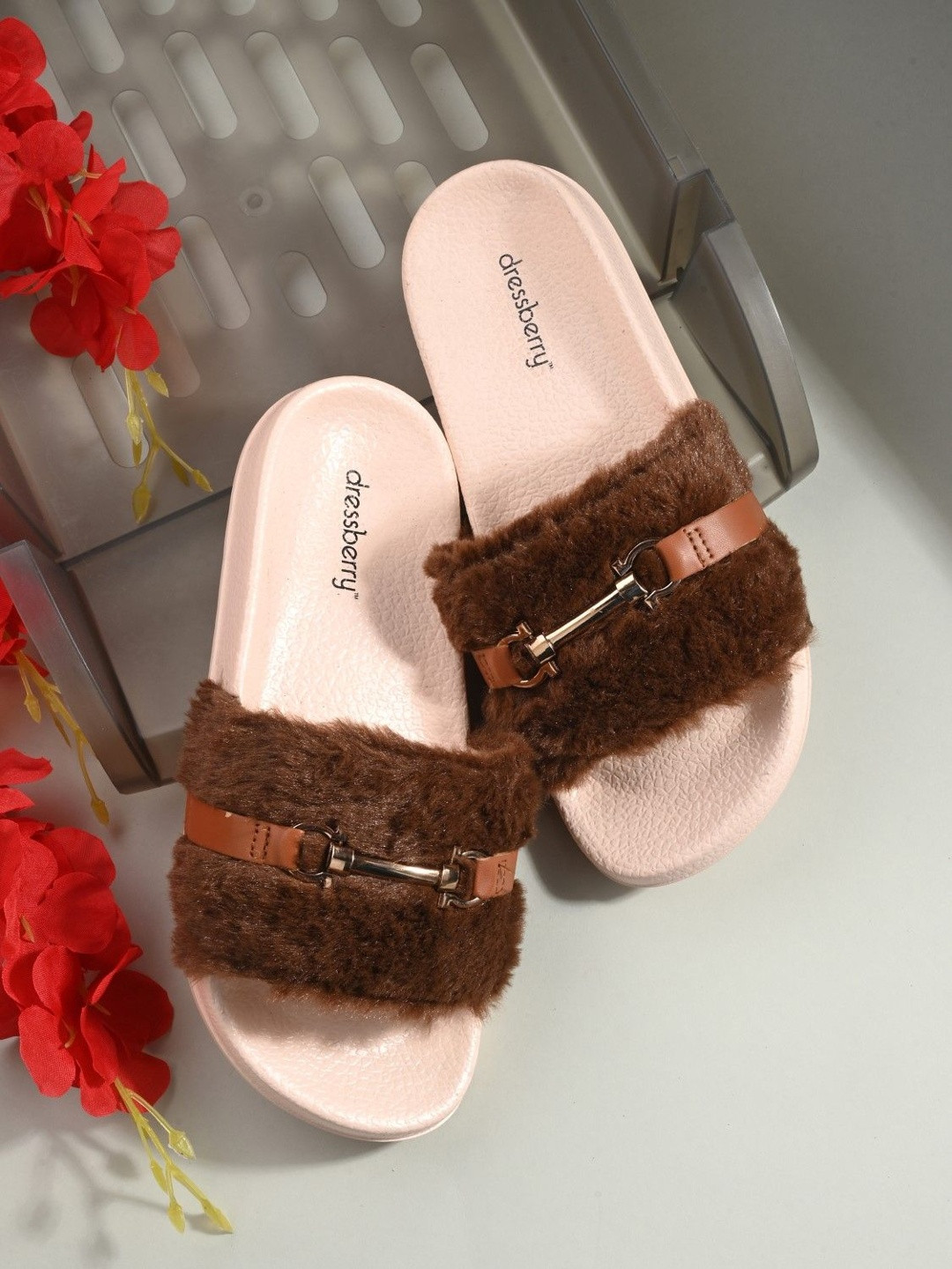 DressBerry Women Brown Fur Casual Sliders