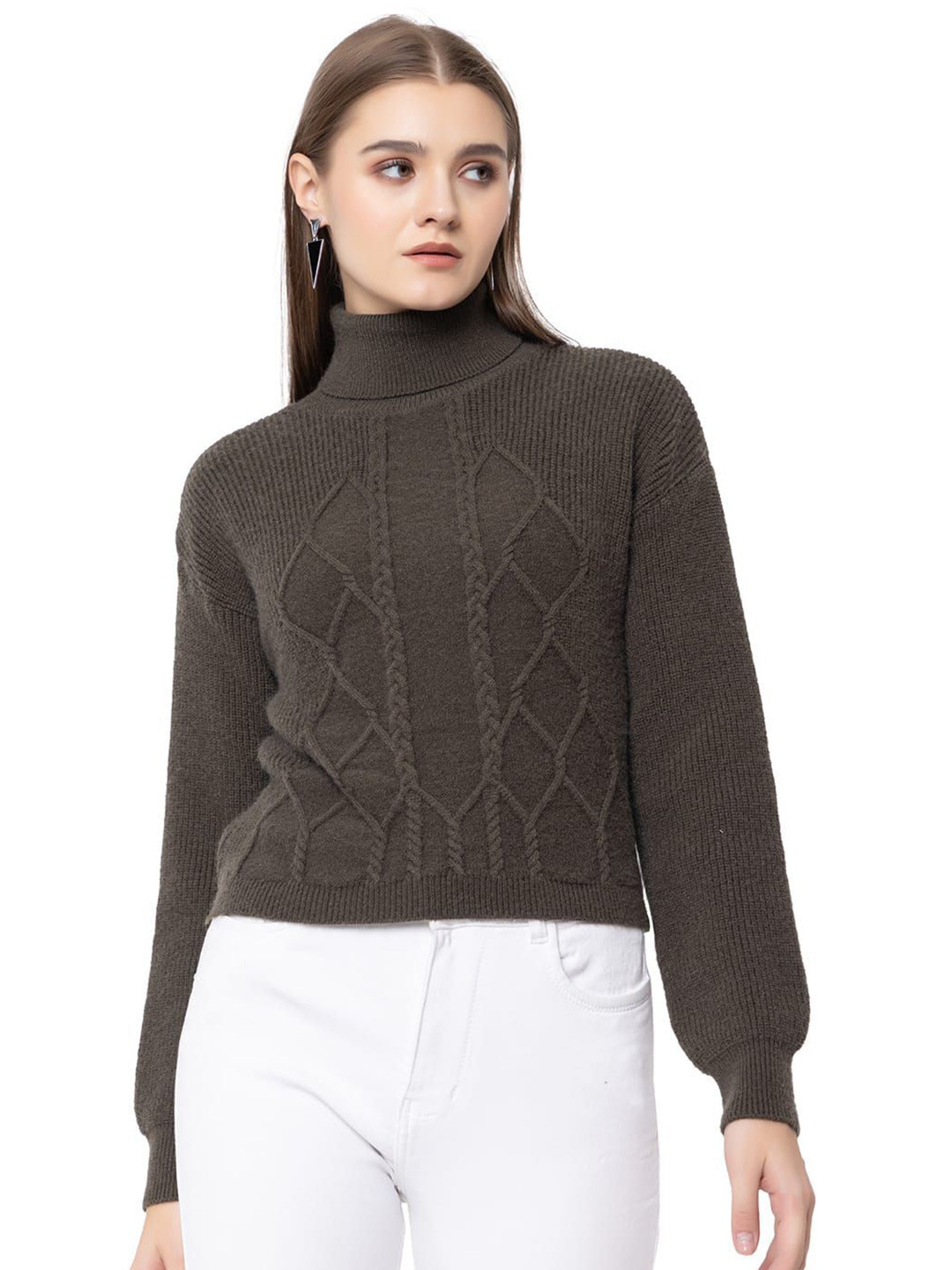 City Fashion Women Cable Knit Self Design Turtle Neck Full Sleeve Pullover