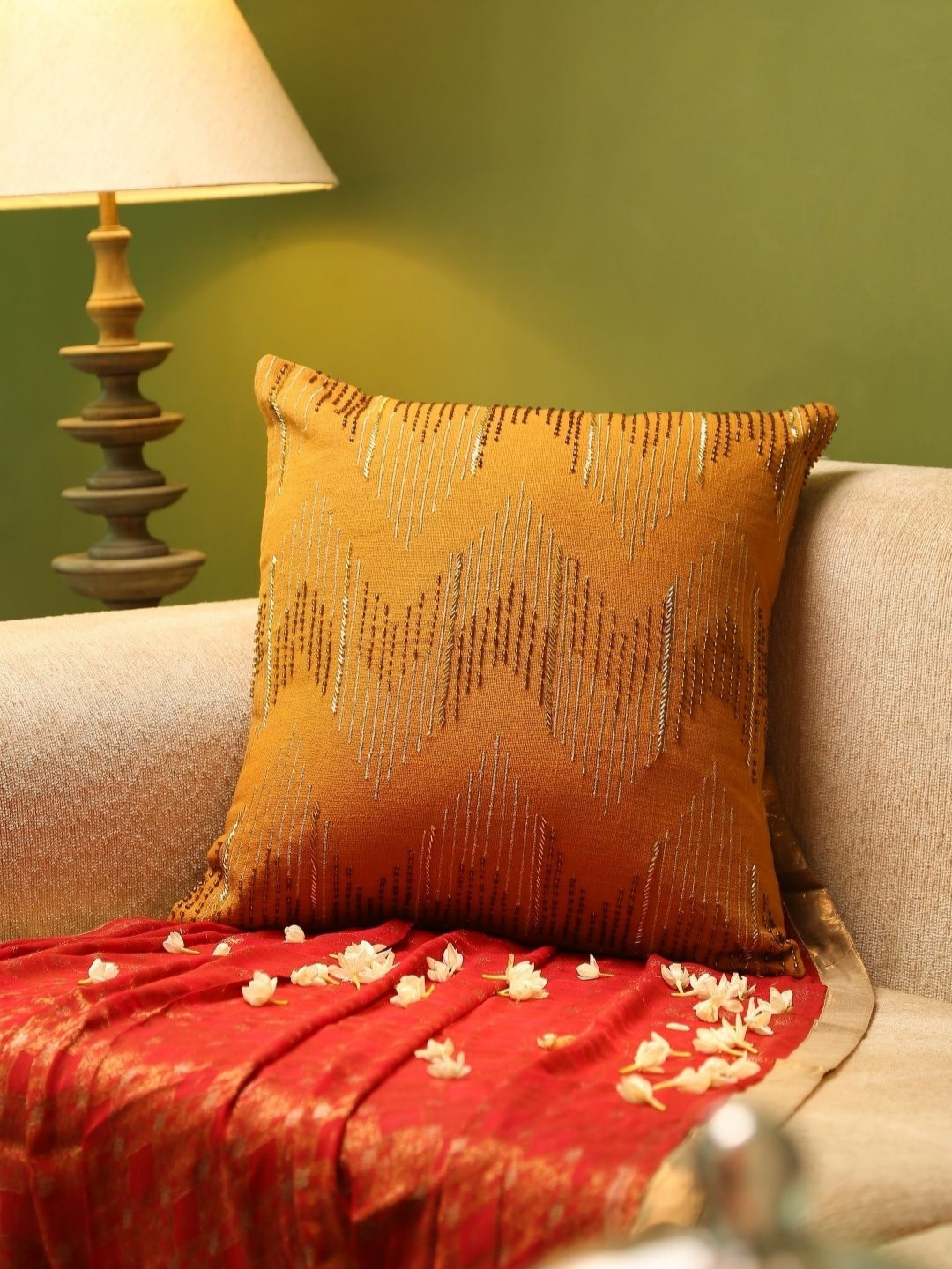 Revive Home Mustard Embellished Textured Square Shaped Cotton Cushion Cover