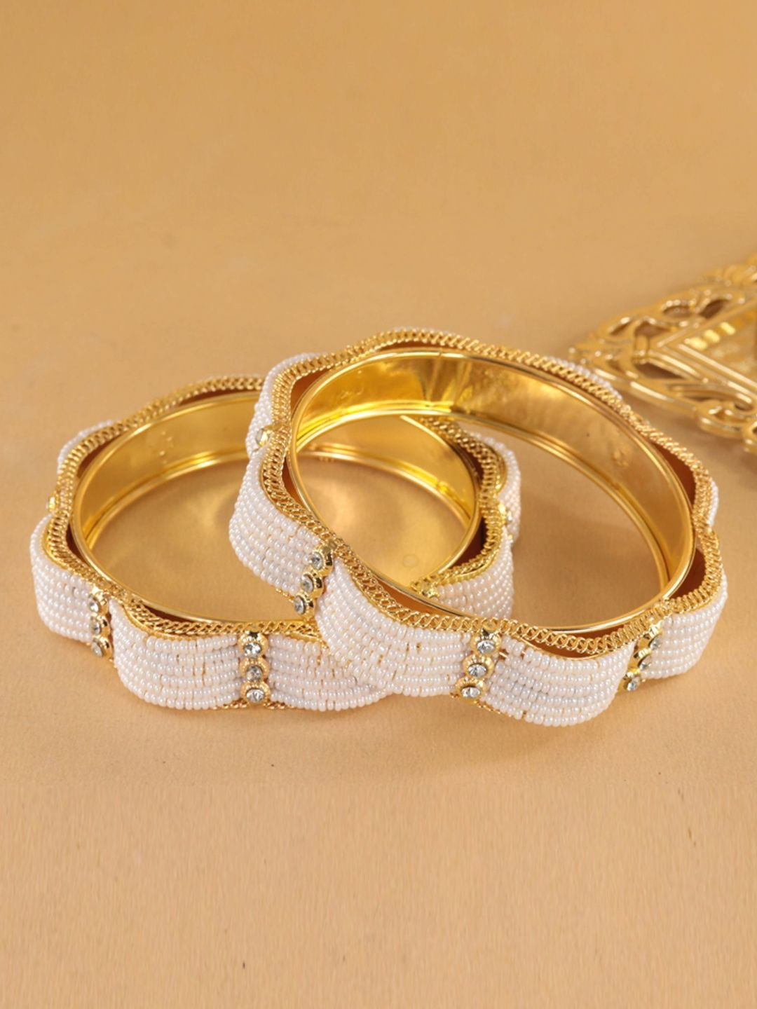 NMII Set Of 2 Gold-Plated Zircon Diamond Zircon And Diamond Studded & Beaded Bangles