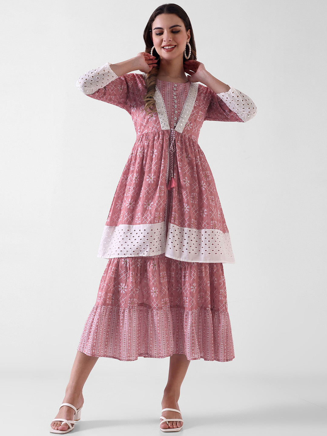 Pashet Ethnic Motifs Printed Round Neck Tie-Ups Fit & Flare Midi Dress With Jacket