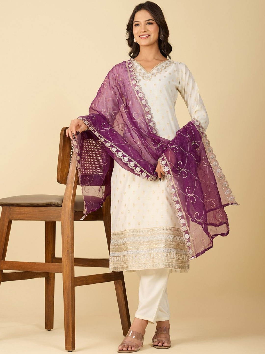 DWIJA FASHION Woven Design V Neck Zari Straight Kurta With Trousers & Dupatta