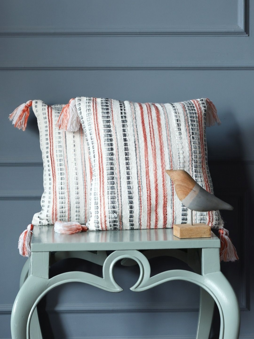 Revive Home White And Red 2 Peices Striped Square Shaped Cotton Cushion Covers