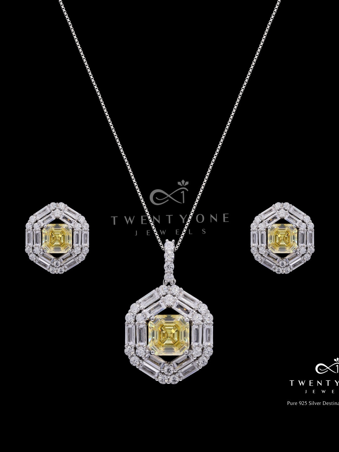 Twenty One Jewels 925 Silver Rhodium-Plated Cubic Zirconia-Studded Jewellery Set