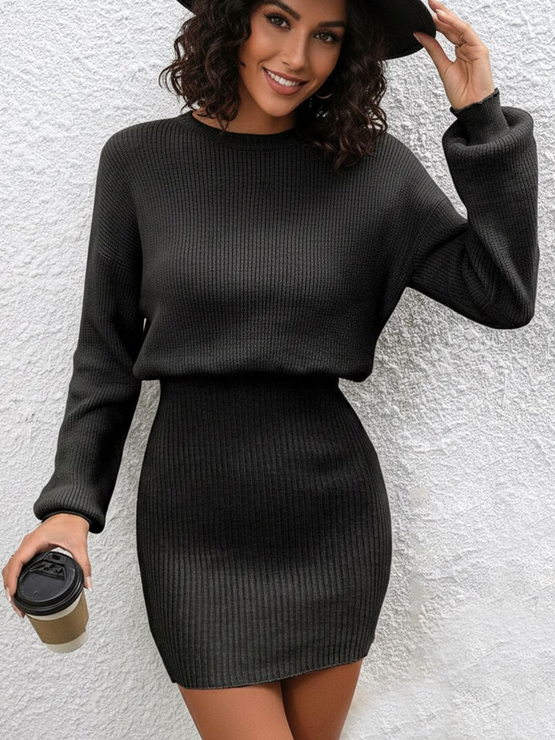CLAFOUTIS Ribbed Sweater Blouson Mini Dress