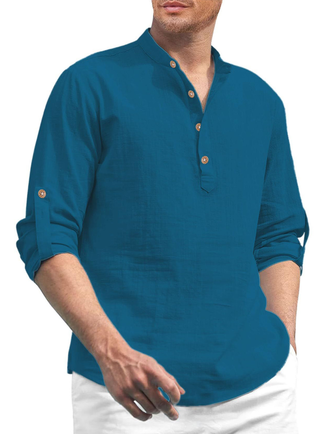 EdinWolf  Band Collor Roll-Up Sleeves Straight Short  Kurta