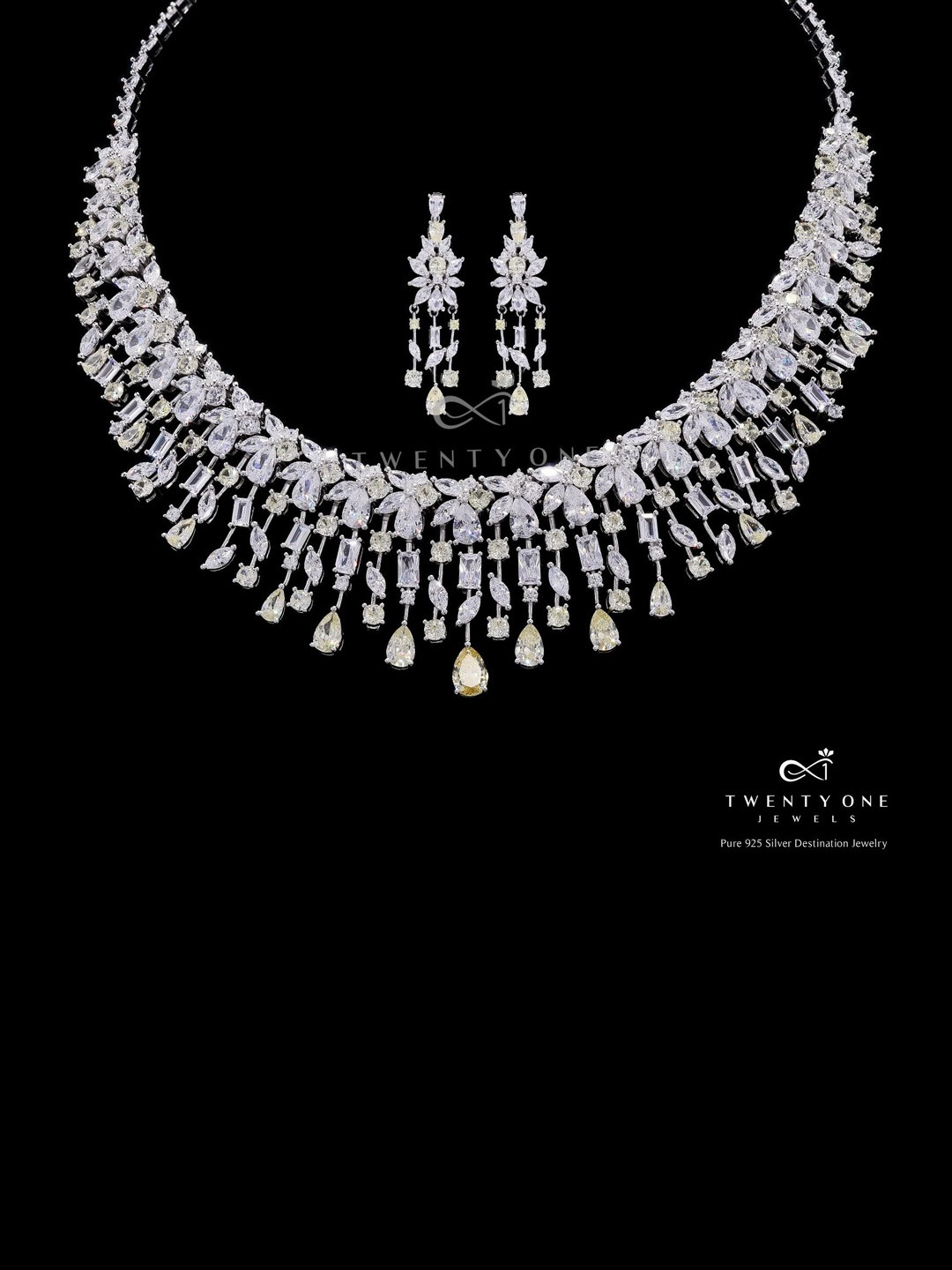 Twenty One Jewels 925 Pure Silver Rhodium-Plated Diamond & Solitaire Studded Jewellery Set