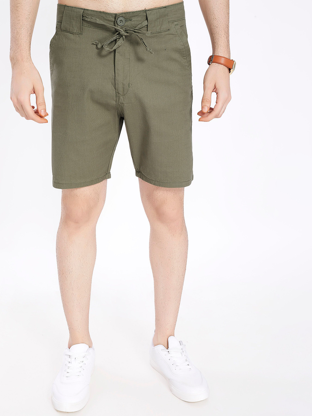 Olive Green Solid Mid-Rise Regular Fit Shorts