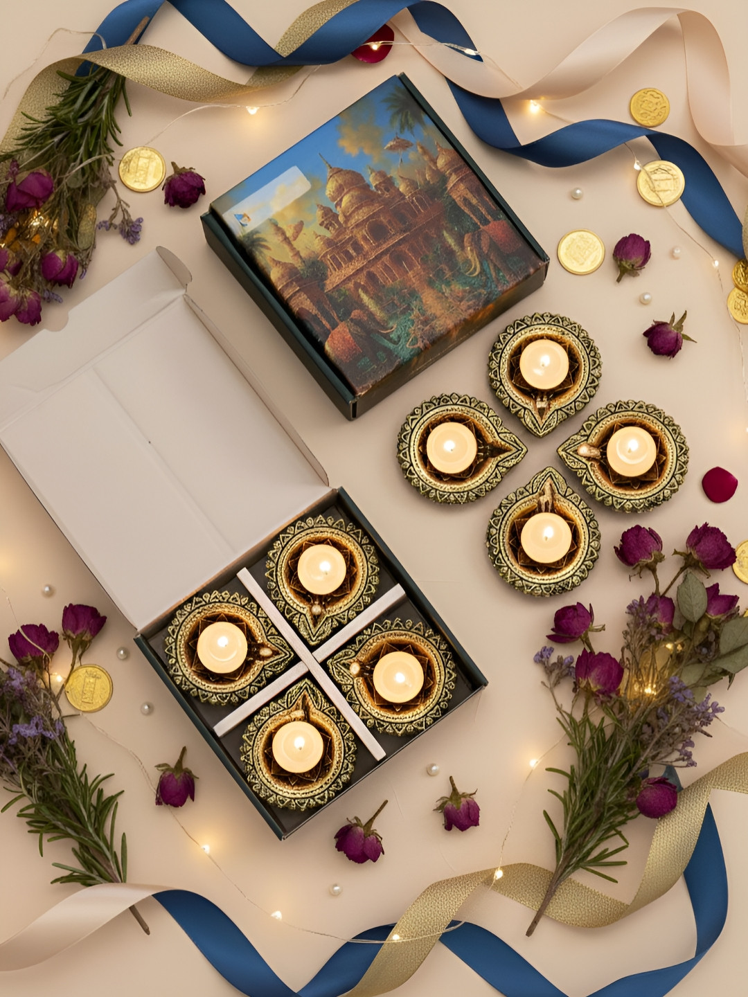 The handicraftian Bronze Toned & Gold Toned 8 Pieces Textured Orchid Designed Diyas