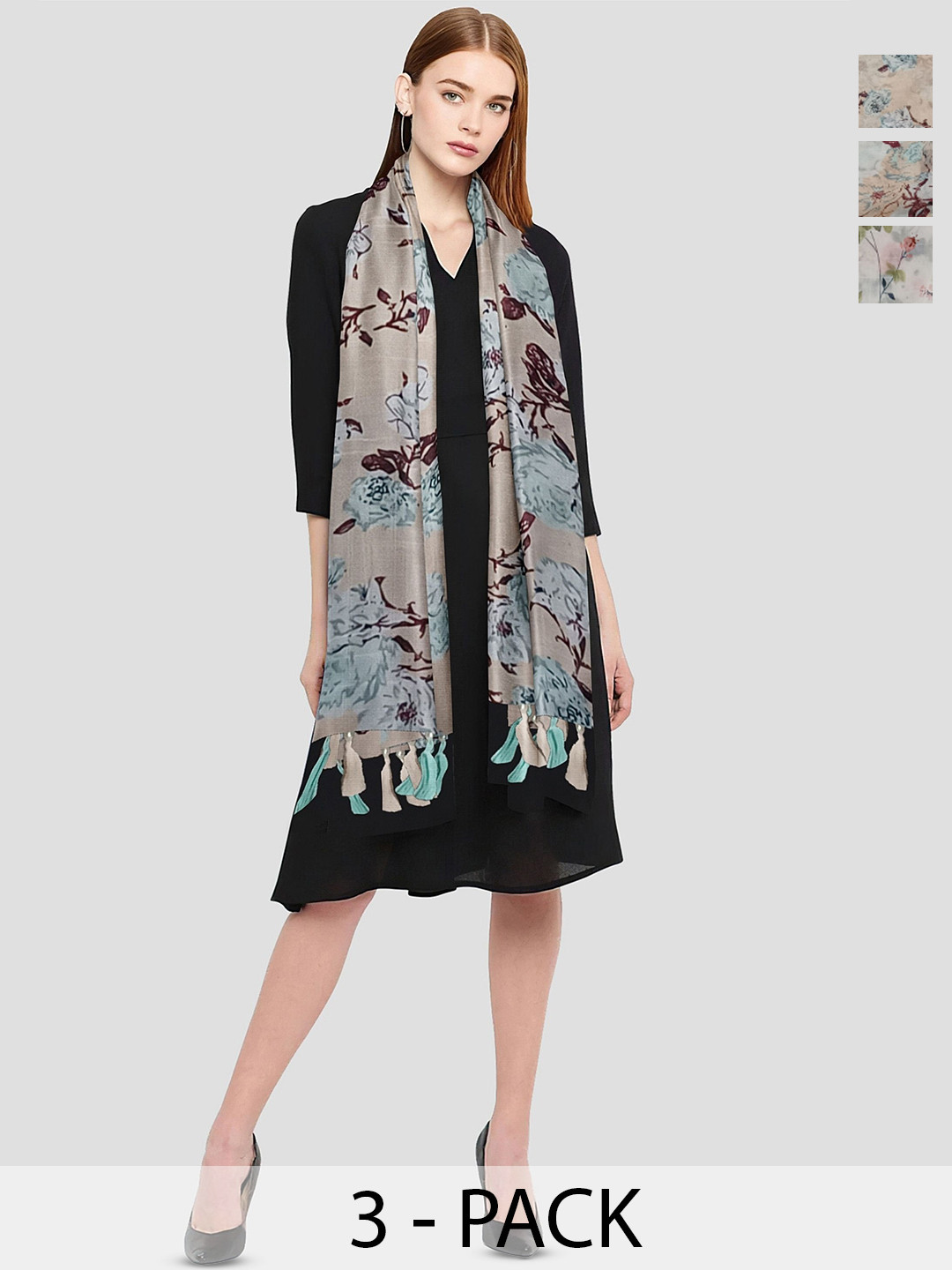 POSHAMPAA be desi Women Pack of 3 Printed Scarf wth Tasselled Broder