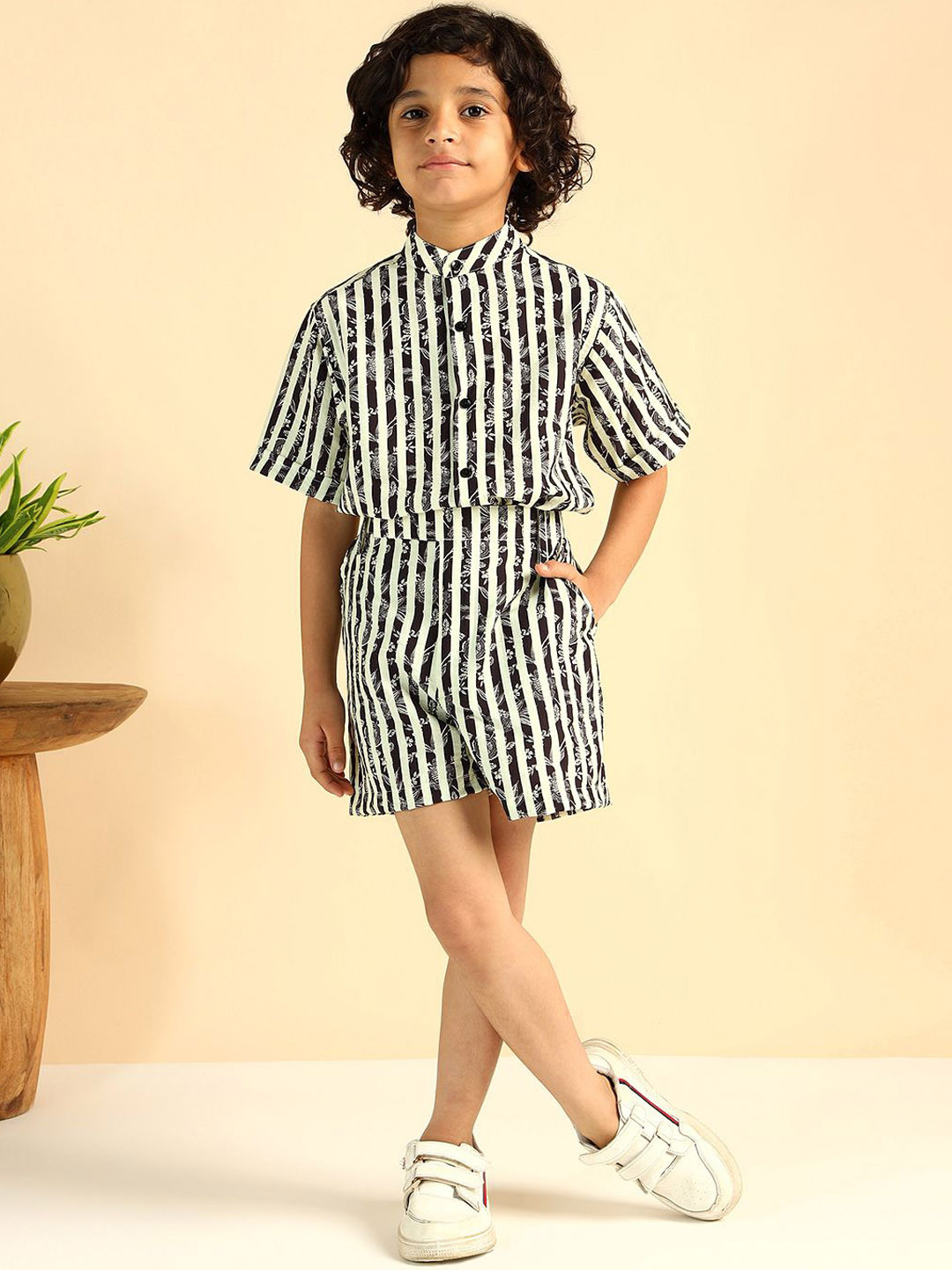 Bugandbees Boys Striped Band Coller Pure Cotton Shirt With Short