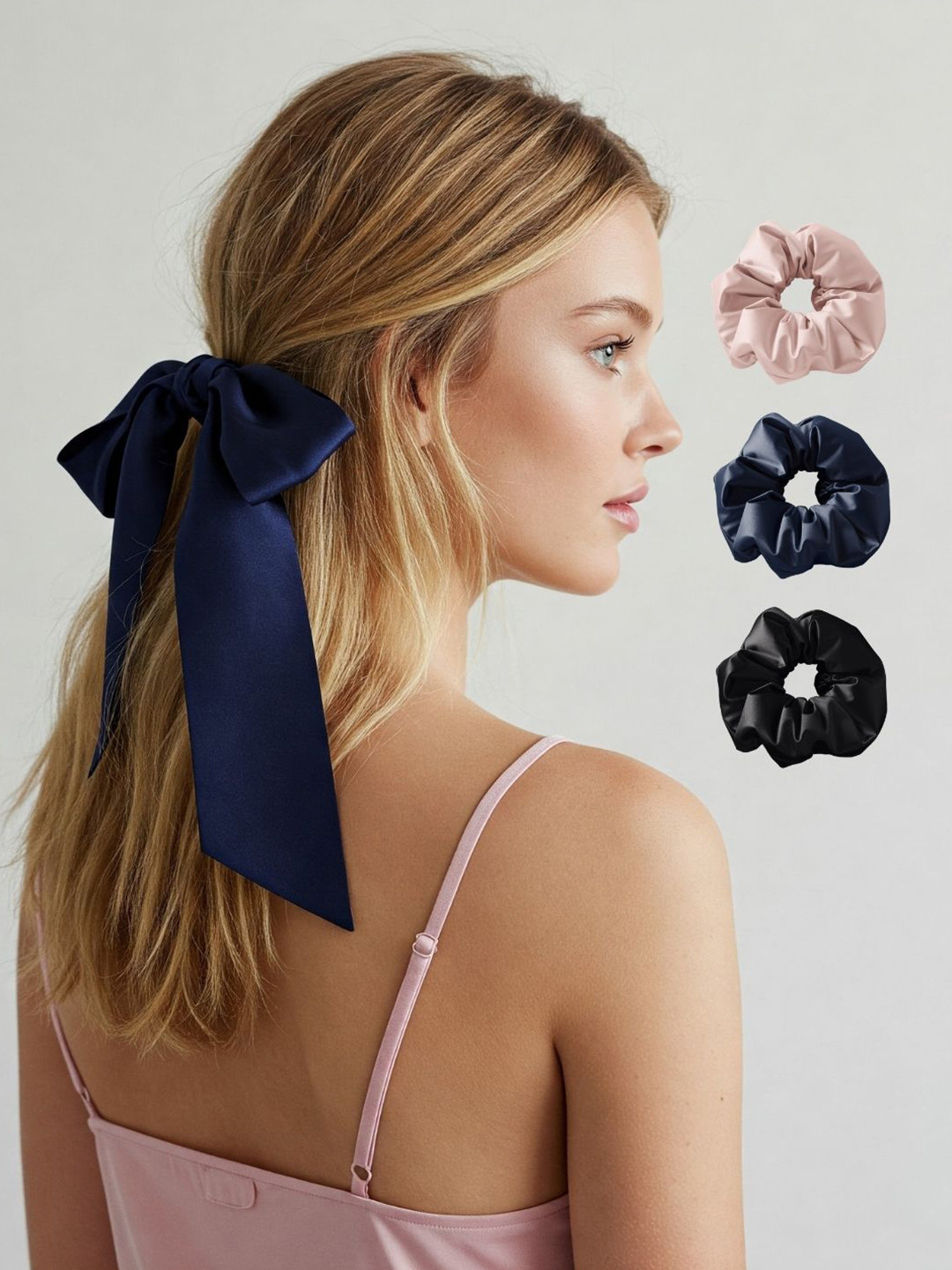 Mueras Women Satin Silk Scrunchie Hair Ribbon with 3 Satin Scrunchies Combo