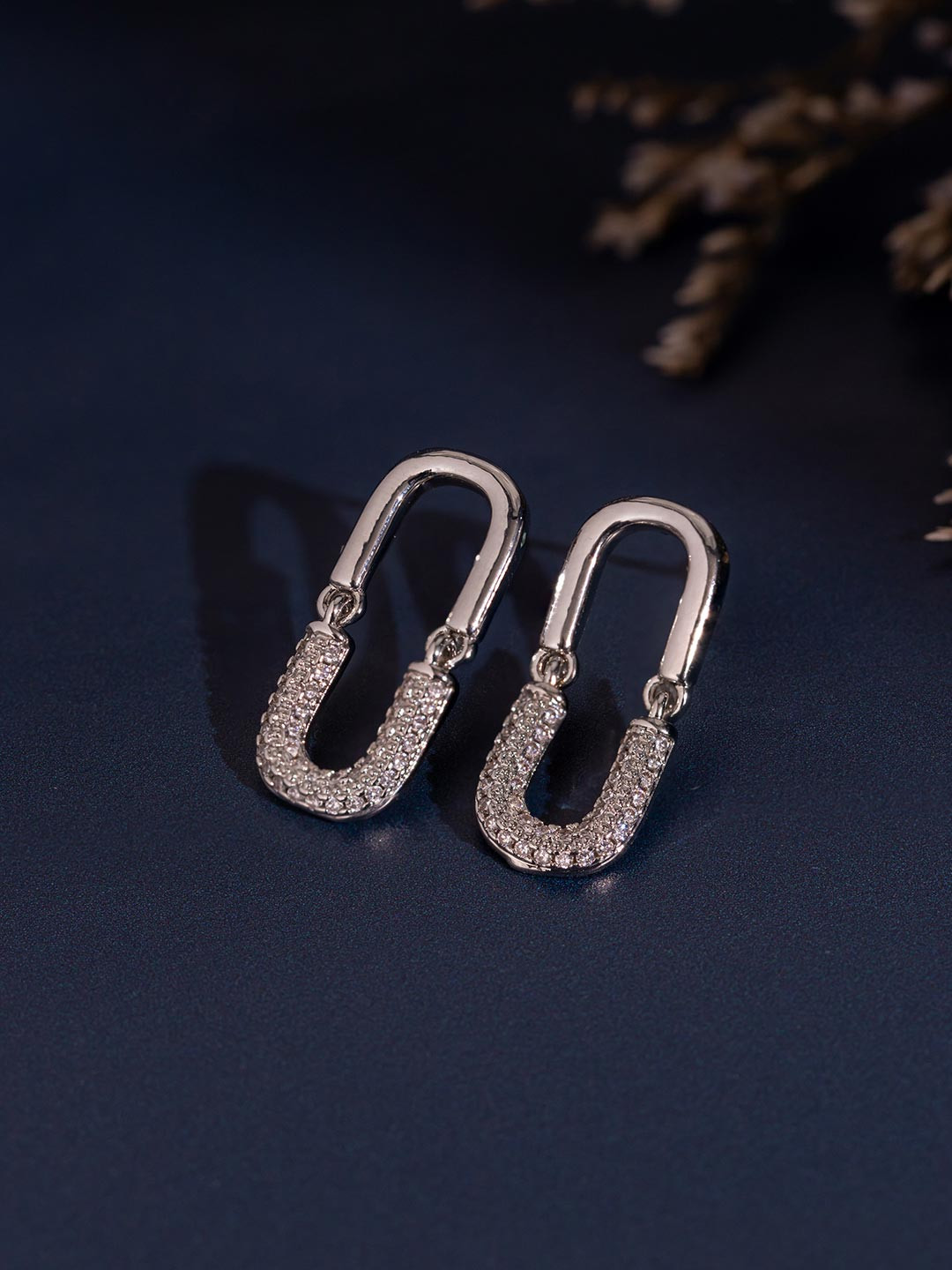 Voylla Korean Silverspark Rhodium-Plated Artificial Stones Studded Rectangle Drop Earrings