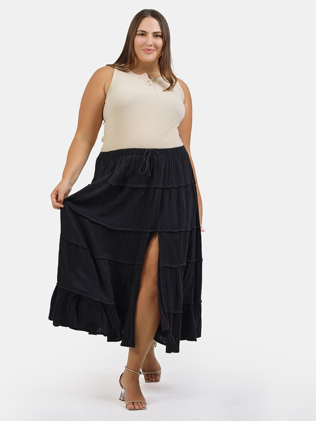 Virgio Pure Cotton Maxi Plus Size Tiered Opaque Skirt