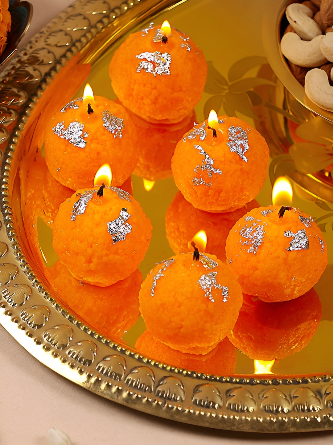 TIED RIBBONS Orange And Silver Toned 6 pieces Motichoor Ladoo Shaped Diya Candle
