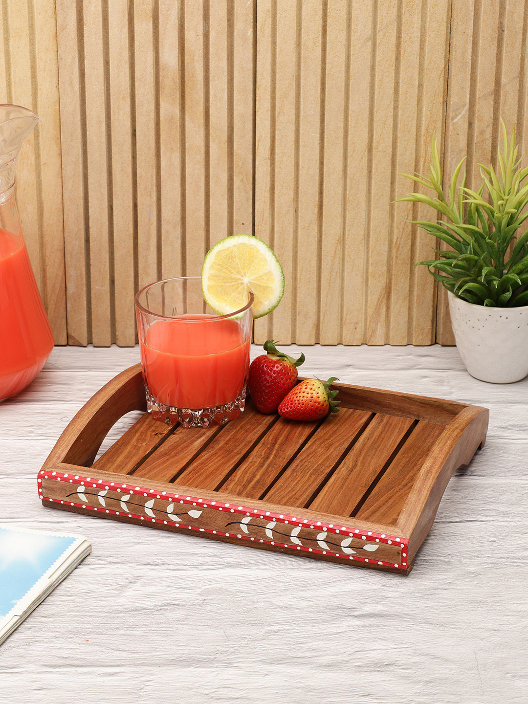 VarEesha Brown Printed Wooden Tray With Handles