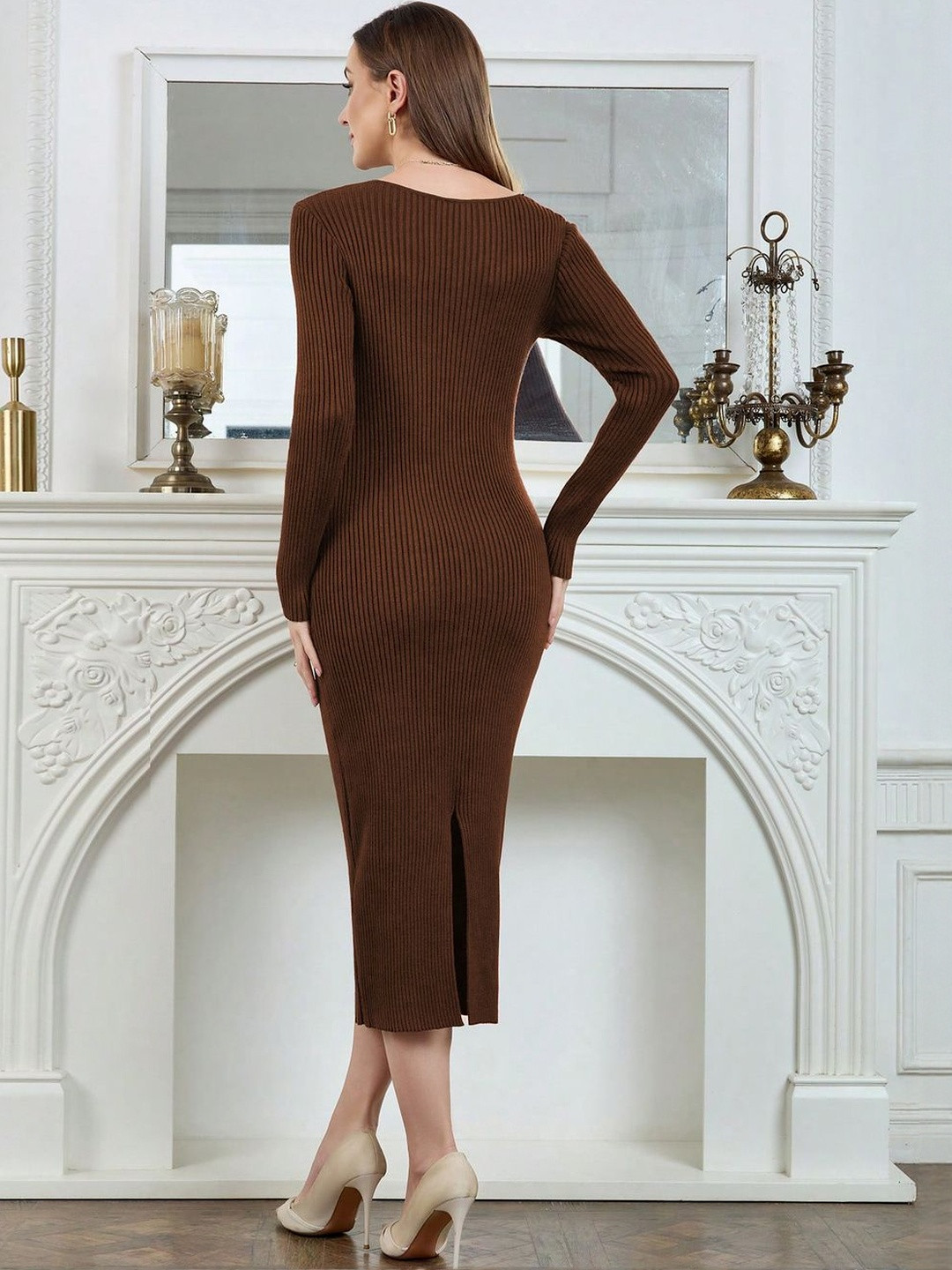 Womens Brown Ribbed Knit Bodycon Dres