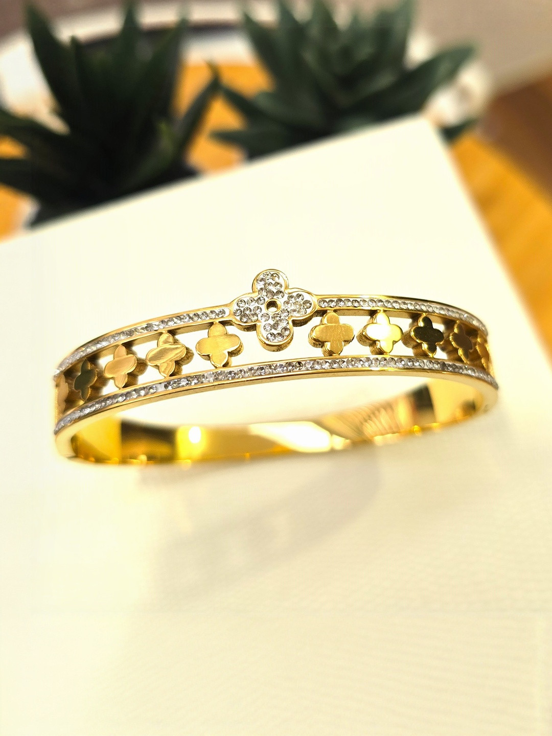 DKane Designs Stainless Steel 18K Gold-Plated Cubic Zirconia Studded Clover Design Bangle