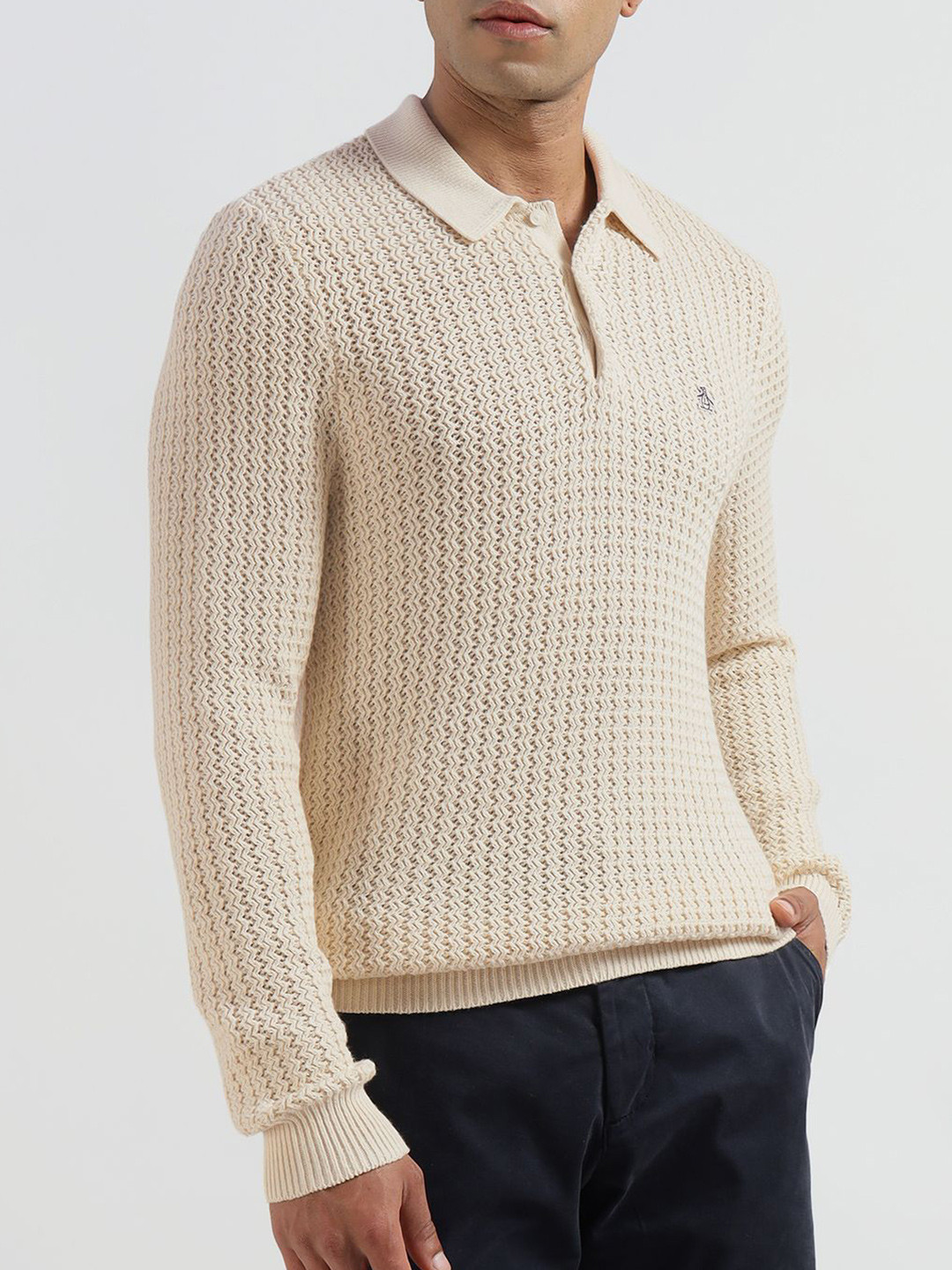 Original Penguin Men Cable Knit Self Design Shirt Collar Pullover
