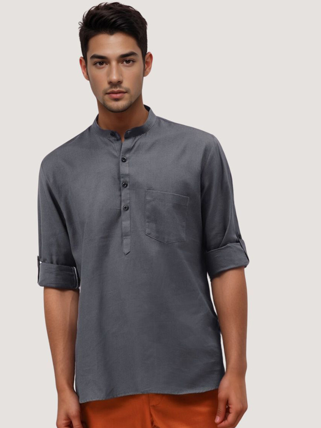 Raptend Pure Cotton Short Sleeves Mandarin Collar Roll-Up Sleeves Straight Short Kurta