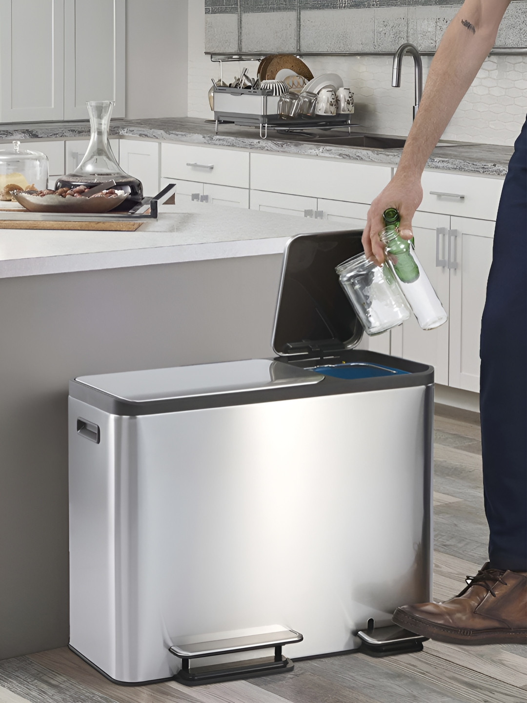 OBSESSIONS Grey & Black Stainless Steel Dual Step Trash Rectangular Dustbins - 30 + 15 L