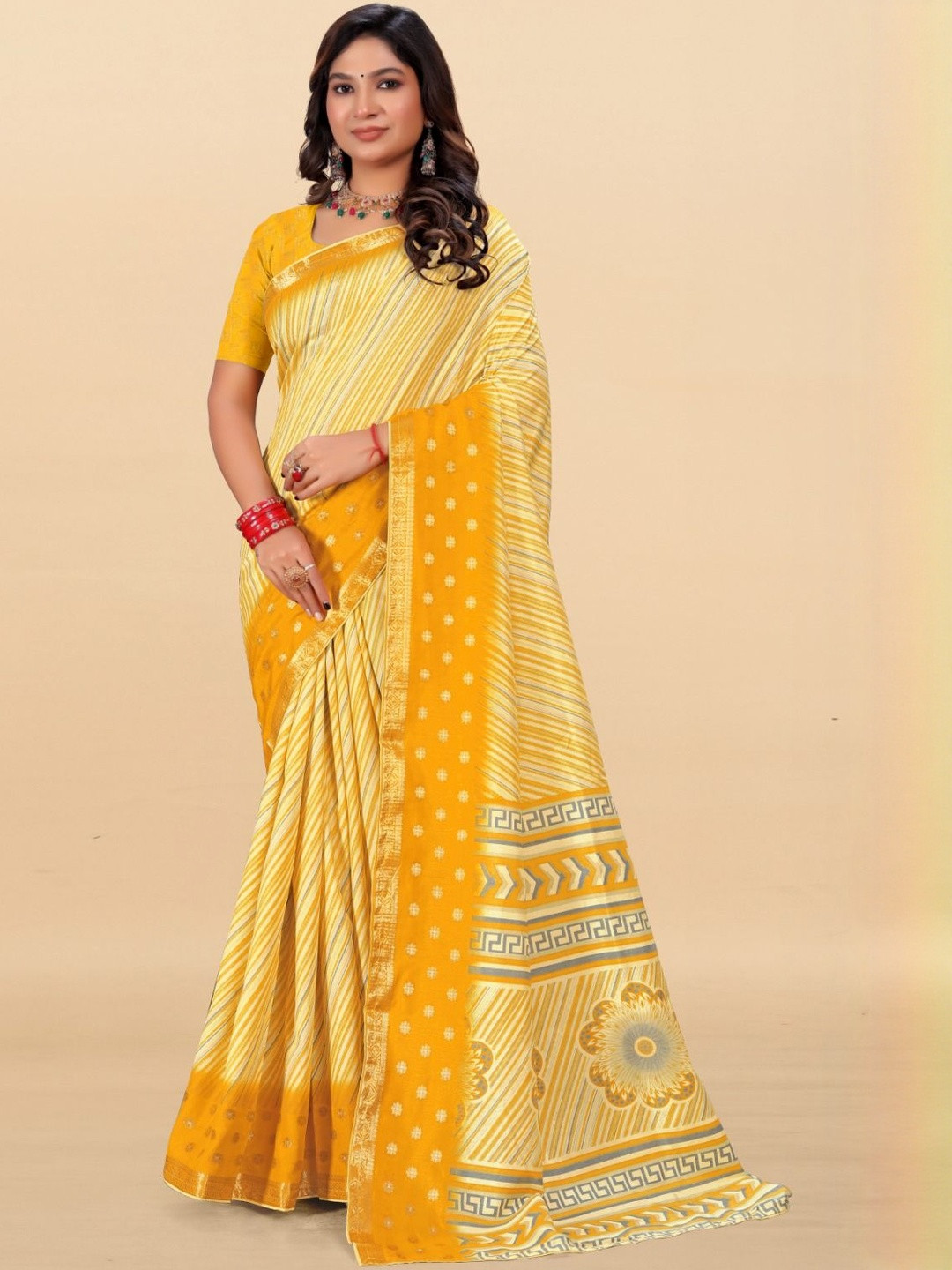 SHIVRUH Striped Printed Zari Laheriya Saree With Blouse