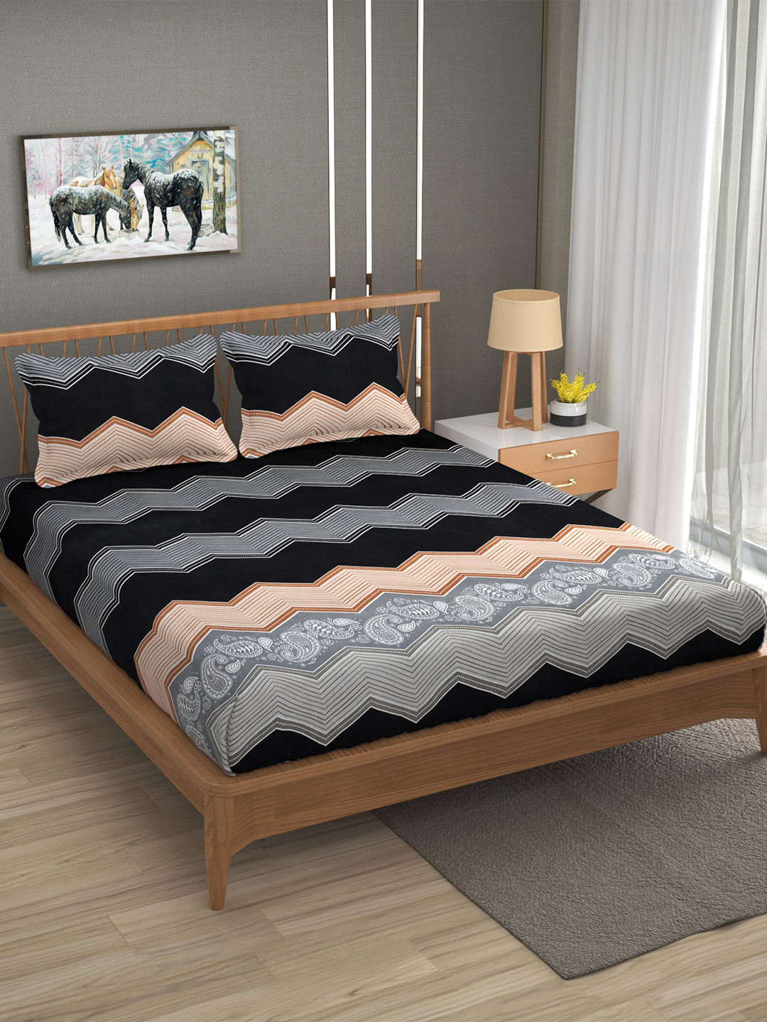FURNOFY Peach-Coloured & Beige Ethnic Motifs Bedsheet with 2 Pillow Covers
