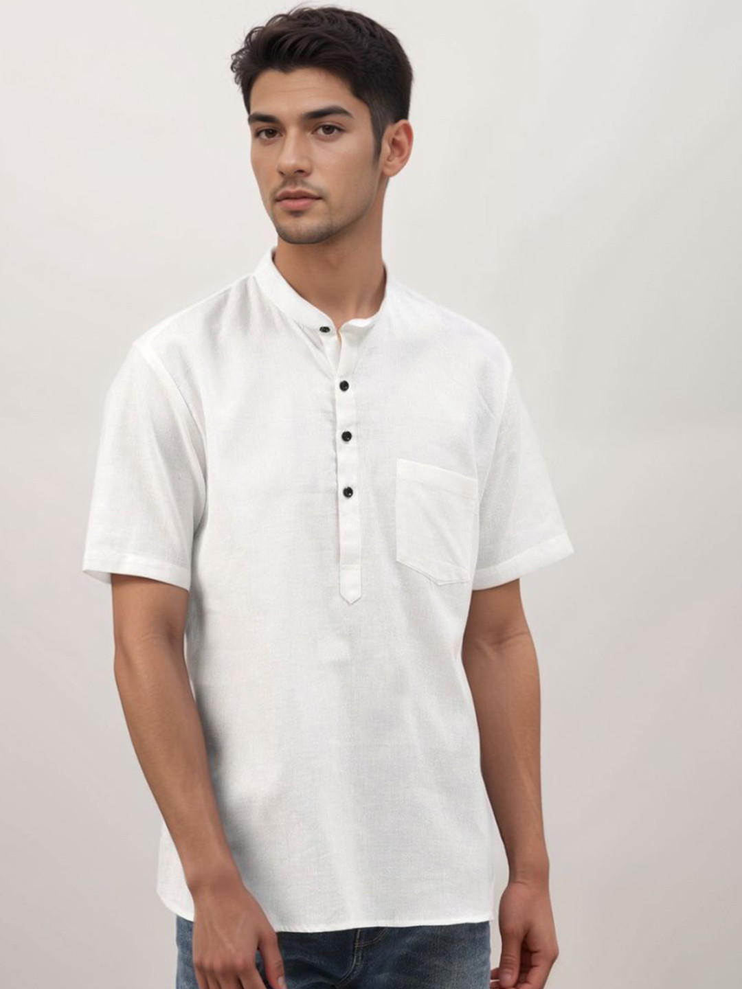 Raptend Pure Cotton Short Sleeves Mandarin Collar Roll-Up Sleeves Straight Short Kurta