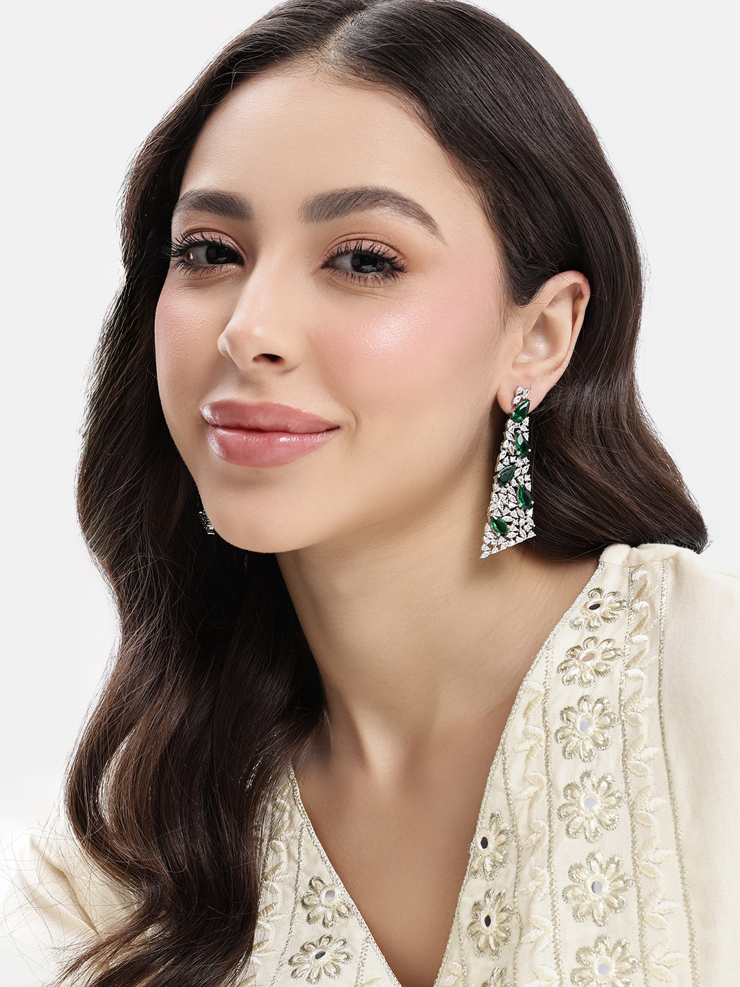 Lavish Giftz Rhodium-Plated AD-Studded Contemporary Drop Earrings
