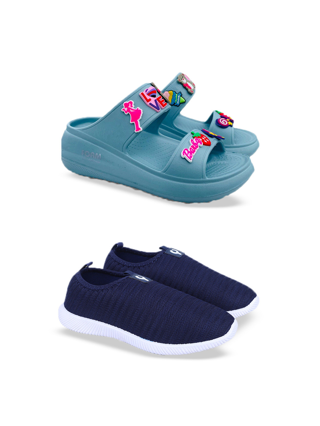 FABBMATE Women Set Of 2 Textured Slip On Shoes With Slip on Flip Flops