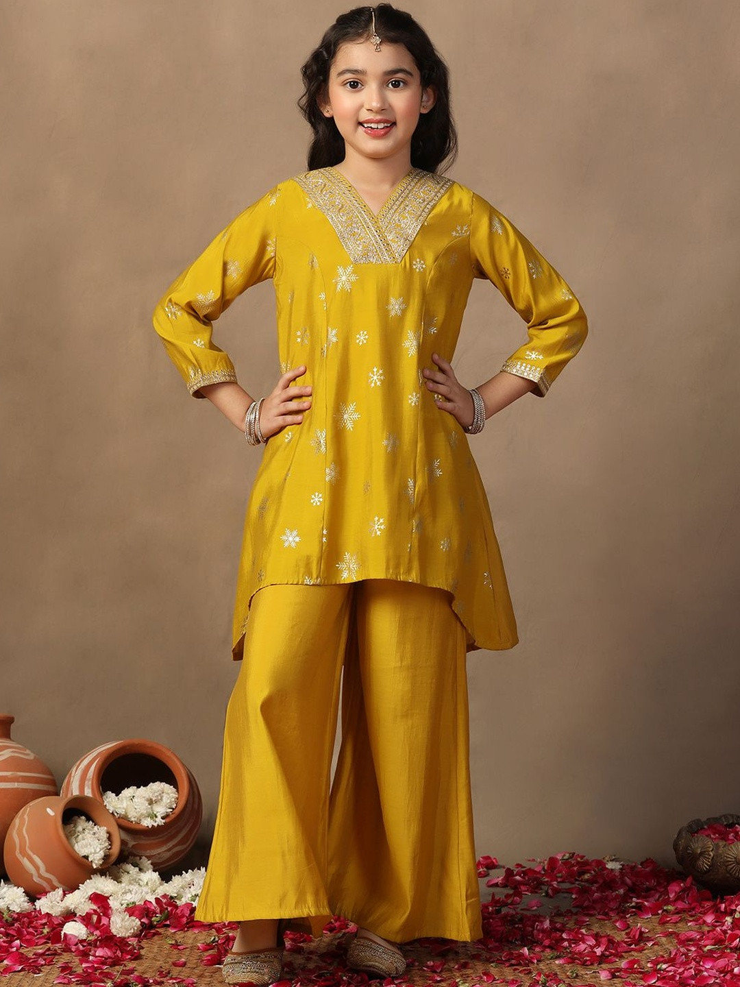 FASHION DREAM Girls Roman Silk Floral Woven Design A-Line Kurta with Palazzos