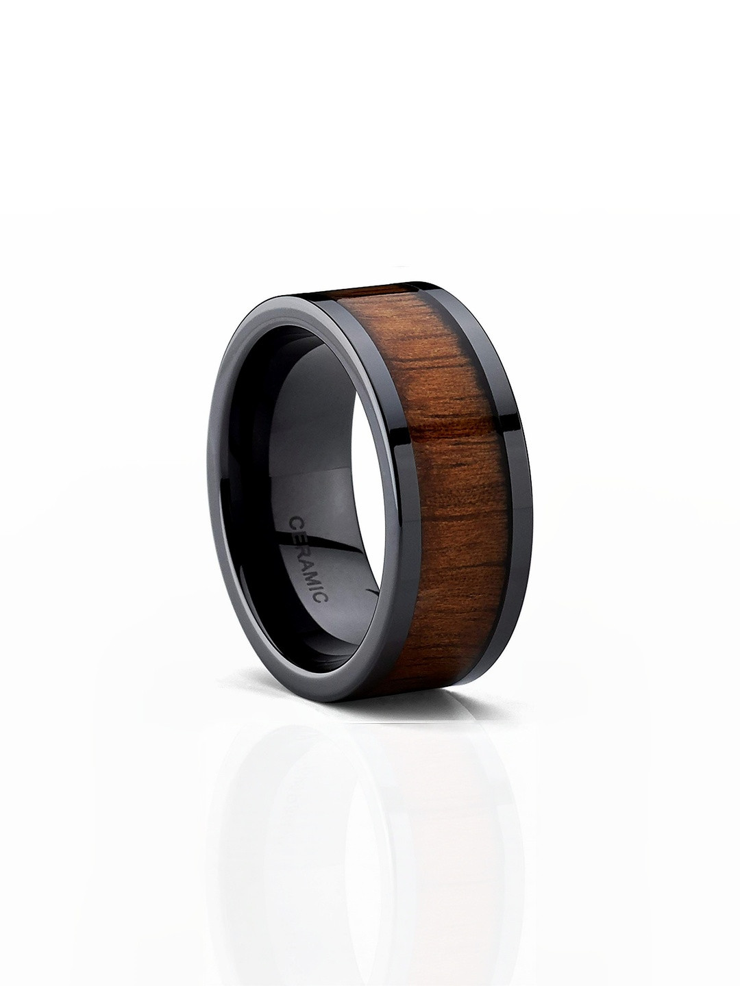 Moneekar Jewels Unisex Stainless Steel 9 mm Black Ceramic Koa Wood Inlay Finger Ring