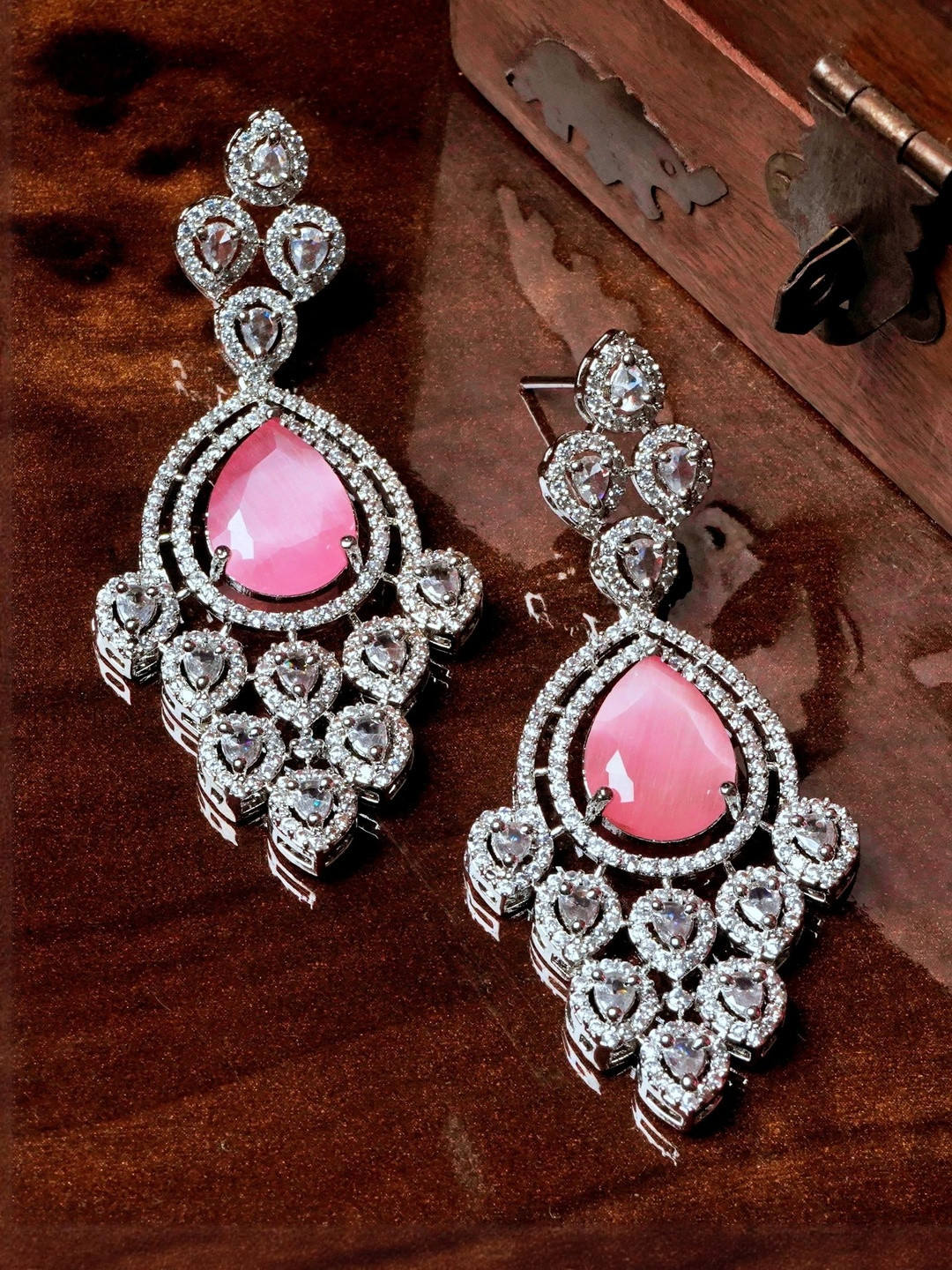 Moon Ron Rhodium-Plated Cubic Zirconia Studded Teardrop Shaped Drop Earrings