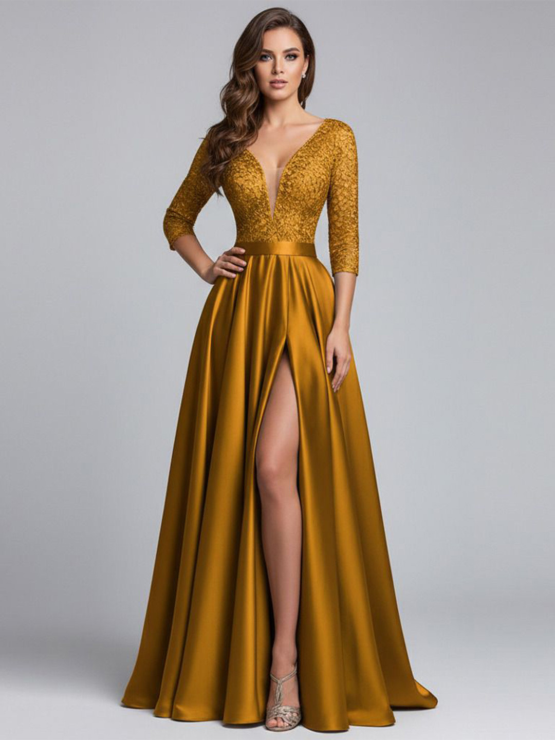 bebe Embellished Plunge Neck Slits Detail Sequined Gown Dress