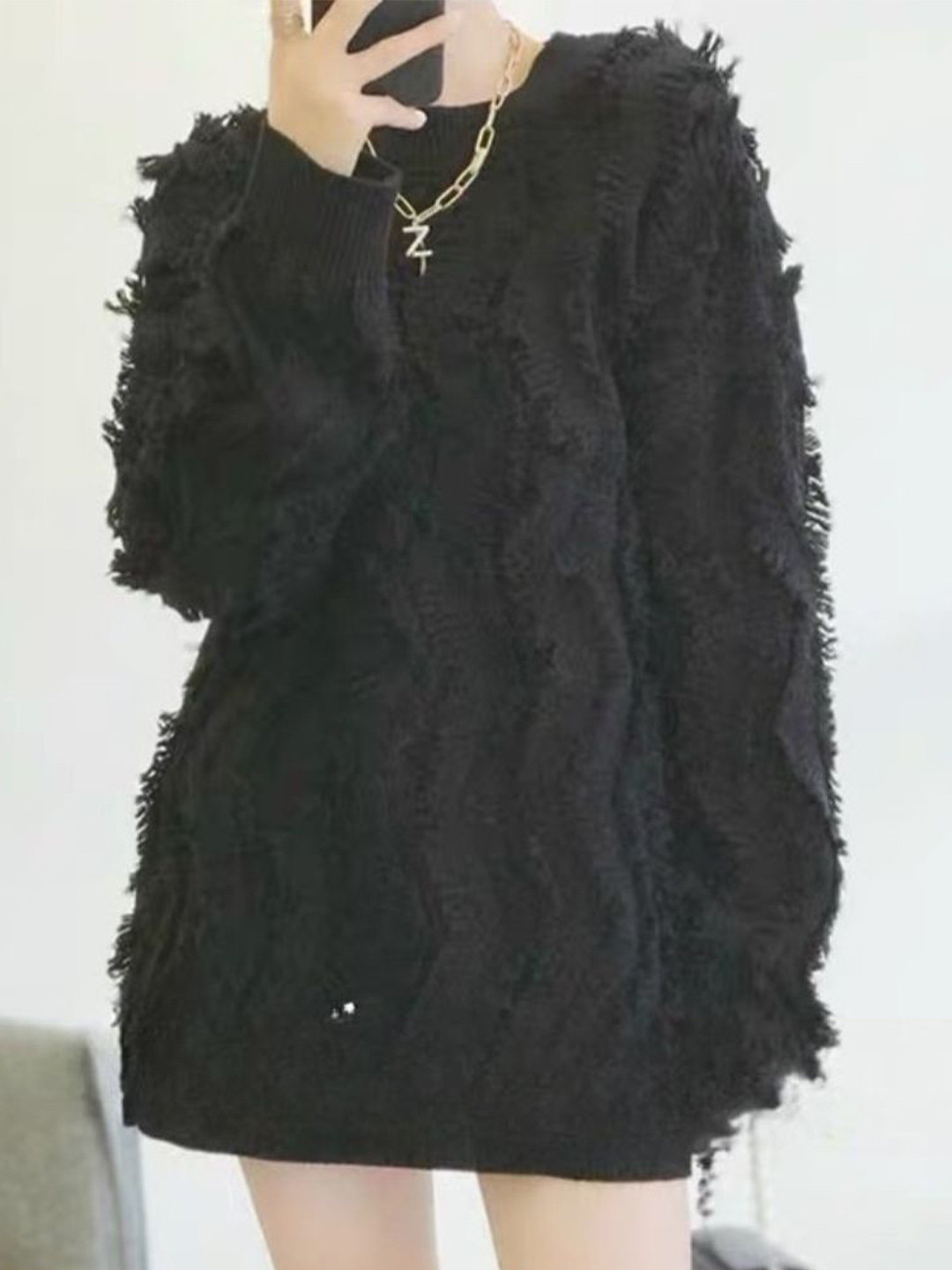 StyleCast Oversized Textured Shaggy Fringed Pullover Sweater