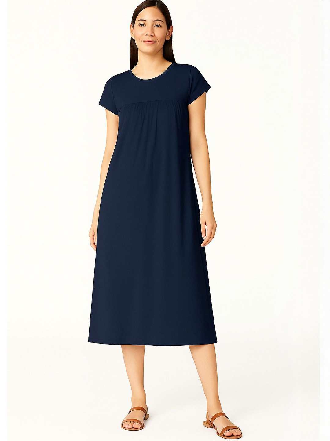 Zebu Women Solid Polyester Blend Gathered Yoke Line Sleepwear