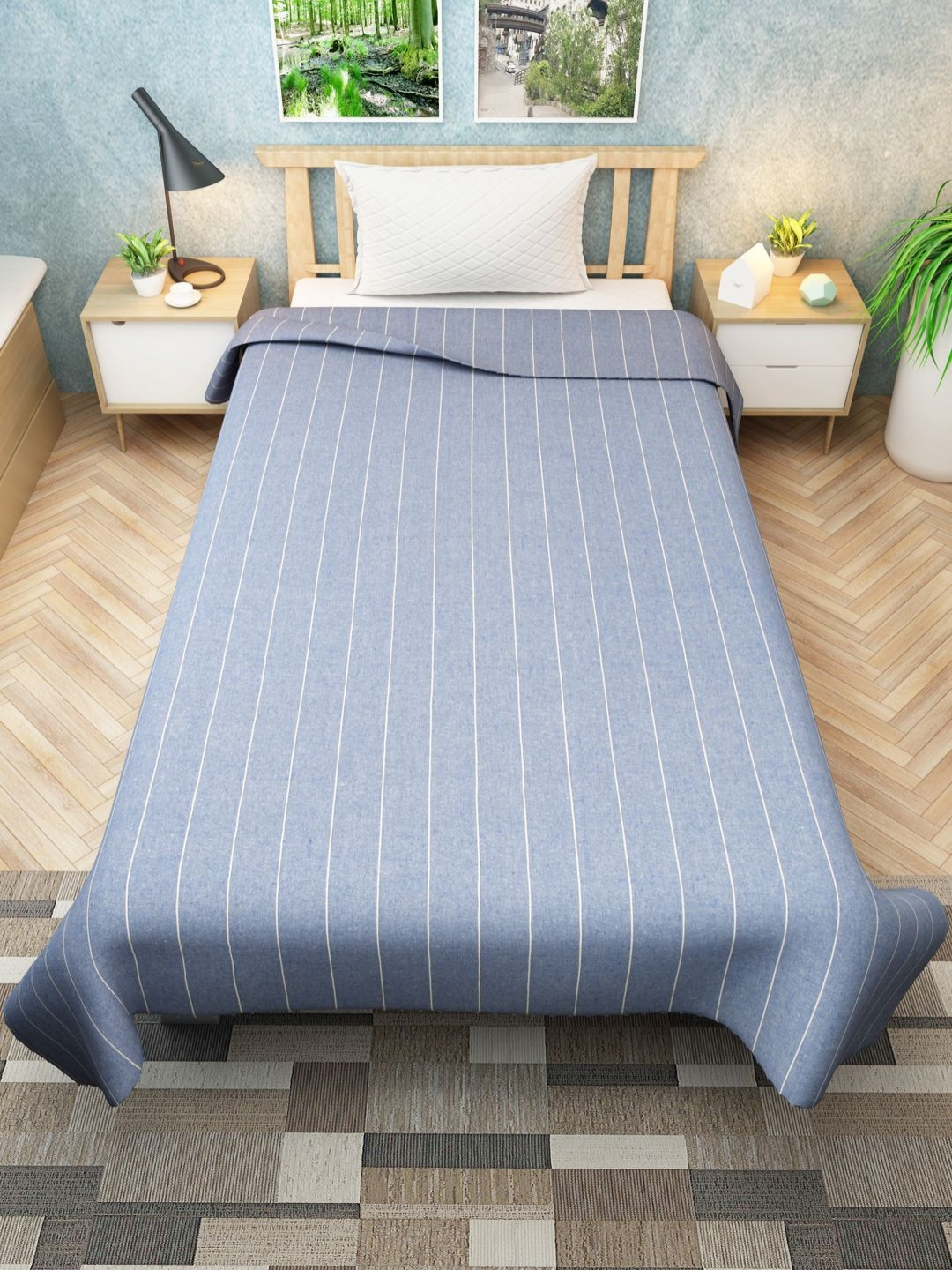 Athom Living Blue & White Striped Cotton 180 TC Single Bedsheet 1.45m x 2.24m