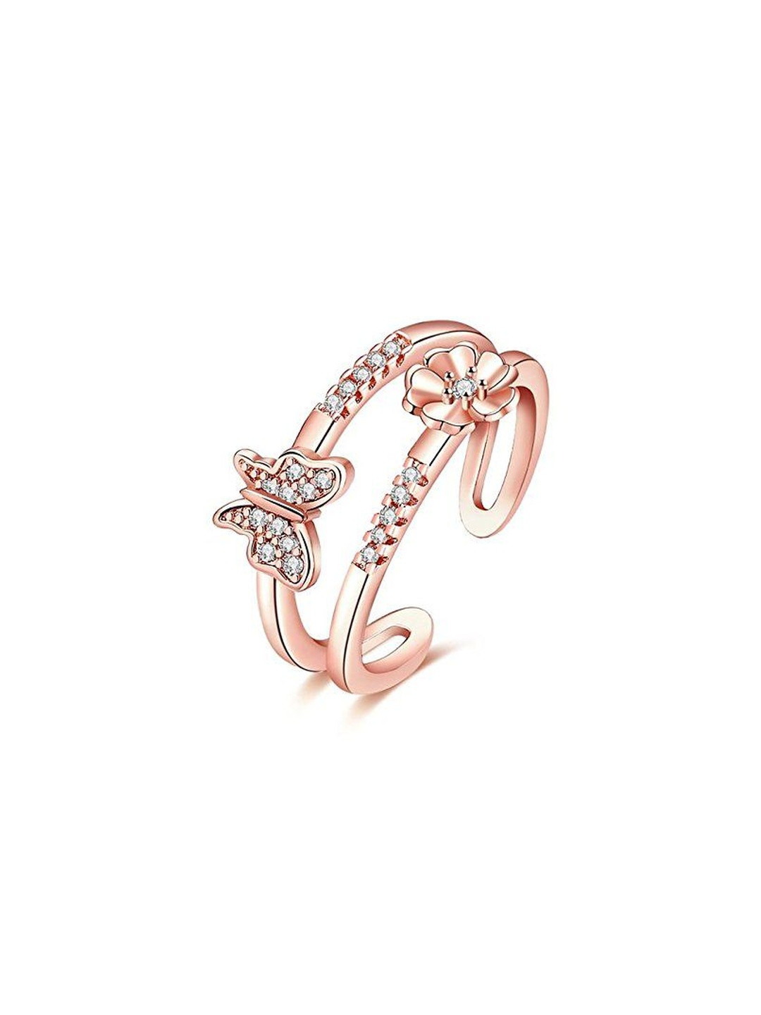 Moneekar Jewels Unisex Stainless Steel AD Studded Butterfly & Flower Finger Ring