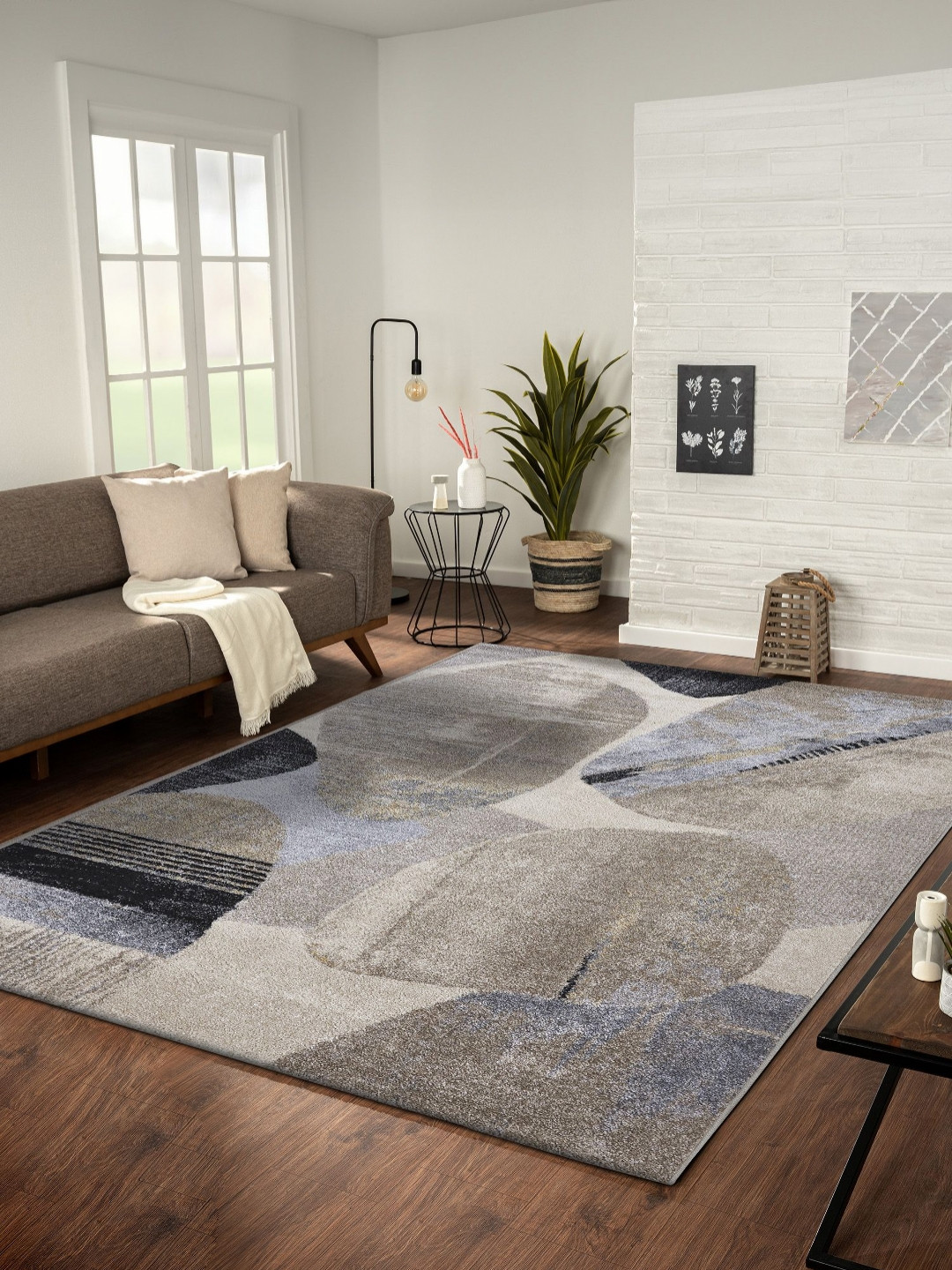 OBSESSIONS Beige And Grey Abstract Printed Carpet