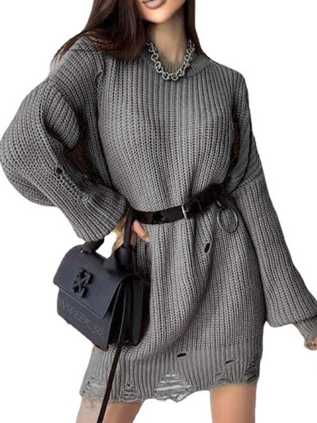 StyleCast Women Oversized Distressed Knit Longline Pullover Sweater