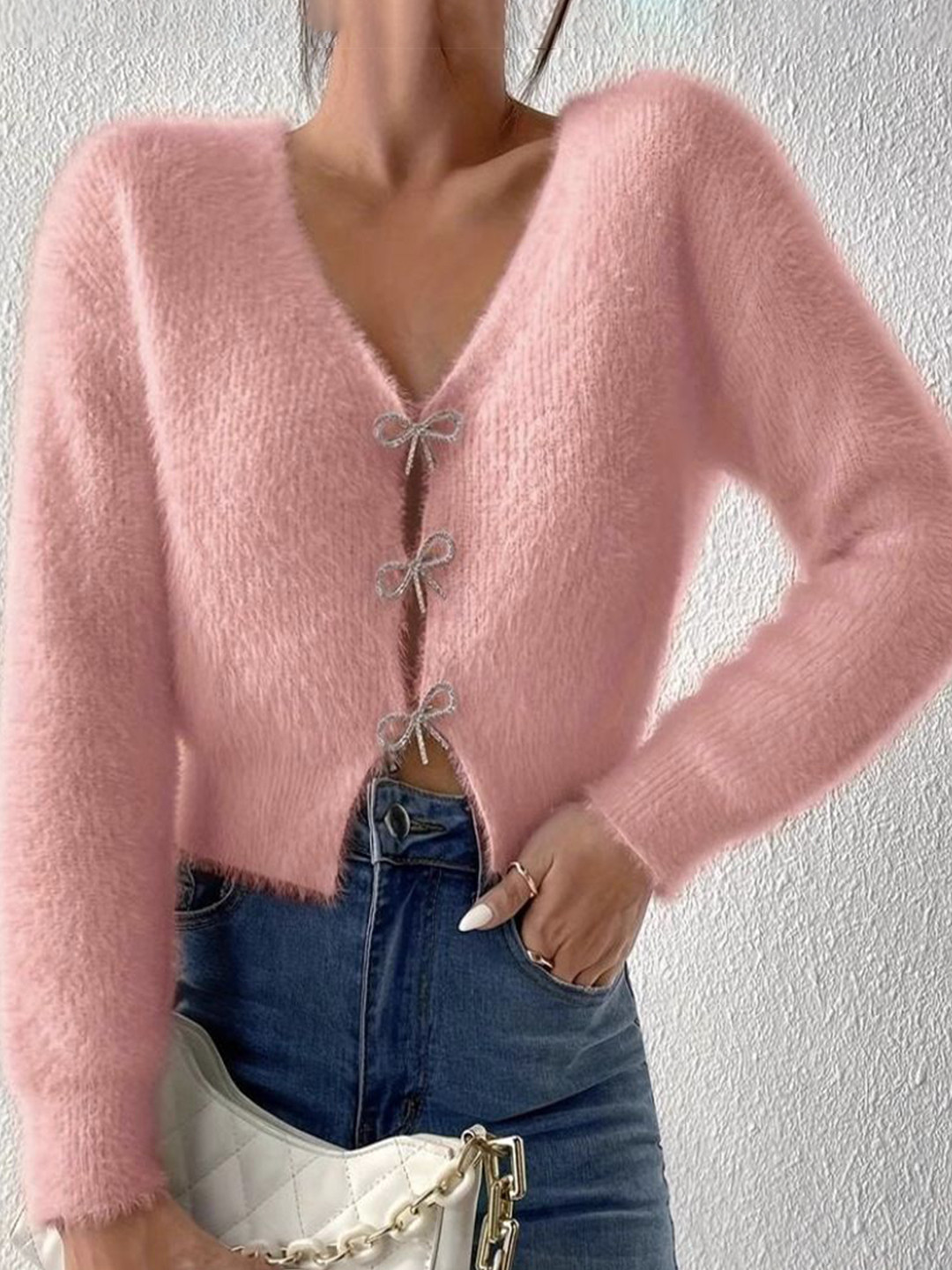 StyleCast Women V-Neck Self Design Crop Cardigan with Fuzzy Detail Rhinestone Bow Clasps