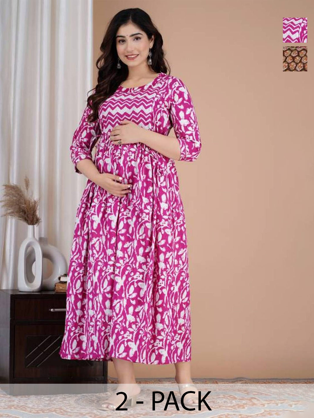Pakiza Enterprises Pack Of 2 Floral Printed Gathered or Pleated Maternity Maxi Dress