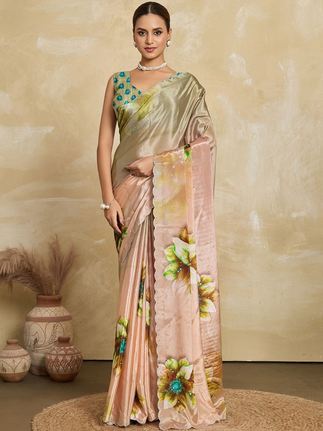 VASTRA-THE FACTORY STORE Digital Floral Printed Beads and Stones Saree