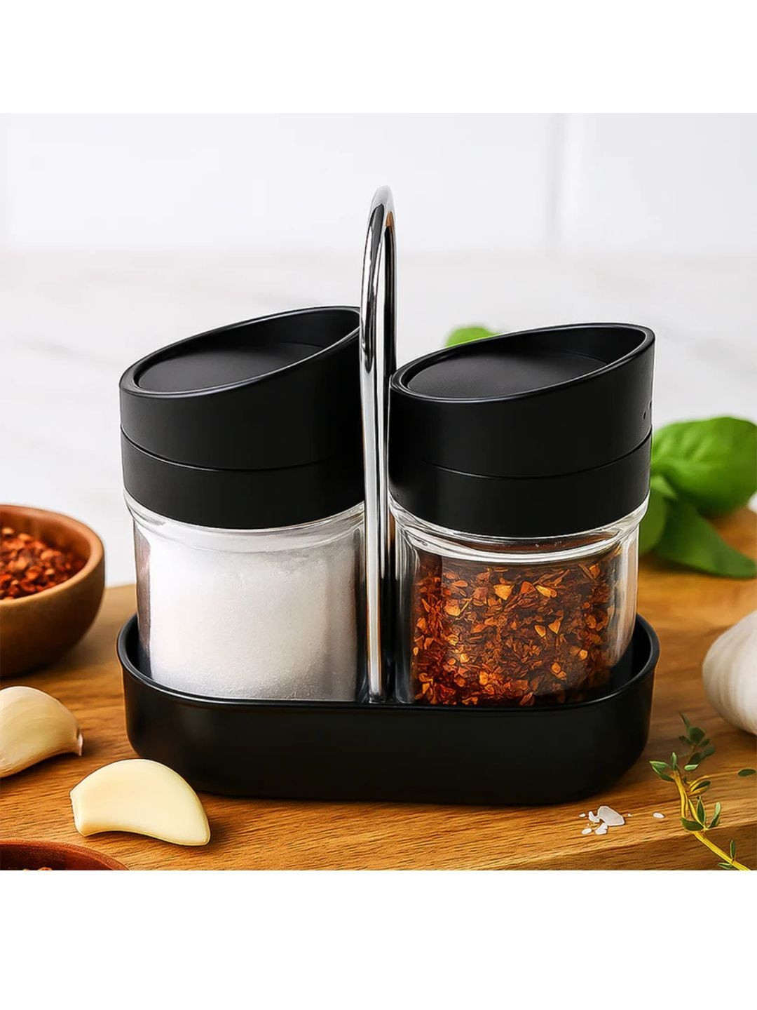 DeoDap Salt And Pepper 2 Piece Plastic Jar Set With Stand Kitchen Tools