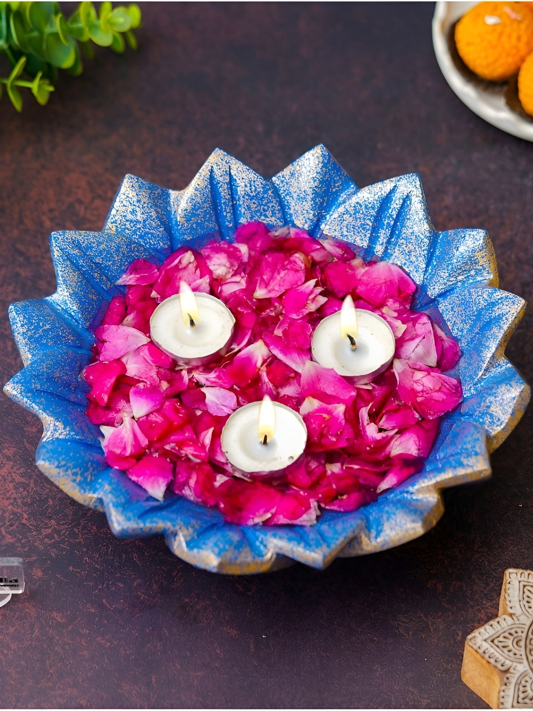 eCraftIndia Blue Lotus Urli Decorative Bowl With Candle Holder